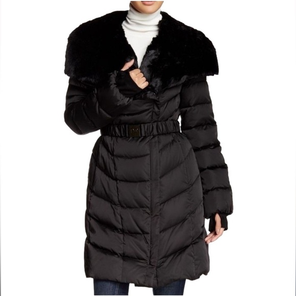 DVF DIANE von FURSTENBERG Jacket Down Belted Quilted Puffer Black Fur Coat